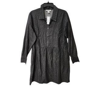 NWT NINE WEST BUTTON SHIRT DRESS SZ L BLACK POCKETS CAREER WORKWEAR CASUAL DENIM